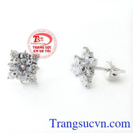 Nụ hoa kim cương nhân tạo 10k, hoa tai vàng trắng, hoa tai đẹp.