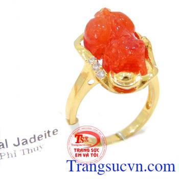 Tỳ hưu nhẫn nữ vàng chất lượng đảm bảo uy tín,Tỳ hưu nhẫn nữ vàng tây 14k gắn đá cẩm thạch đỏ chạm khắc tỳ hưu