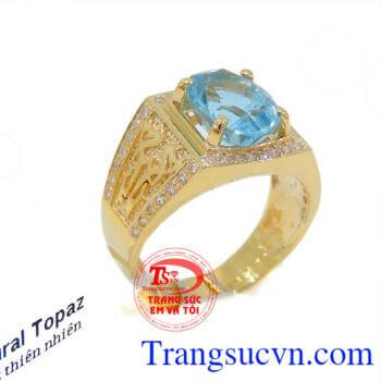 Nhẫn nam xanh lam chất liệu vàng 14k nguyên khối,đá Topaz thiên nhiên mang lại sự trong sáng trong suy nghĩa,nồng ấm trong tình yêu,chân thành