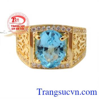 Nhẫn nam xanh lam chất liệu vàng 14k nguyên khối,đá Topaz thiên nhiên mang lại sự trong sáng trong suy nghĩa,nồng ấm trong tình yêu,chân thành
