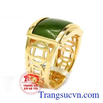 Nhẫn nam vàng 14k mệnh mộc, Nhẫn vàng được chế tác từ vàng 14k chi tiết hình đồng tiền kết hợp cùng đá cẩm thạch màu lam. Sản phẩm phù hợp với nhiều độ tuổi và rất tót cho người mệnh mộc, hỏa.