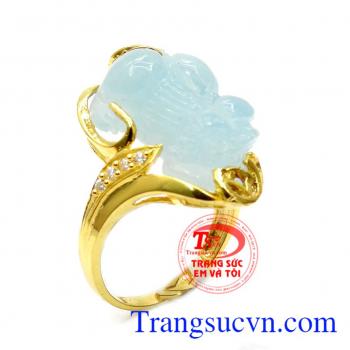 Nhẫn nữ Tỳ Hưu tài lộc may mắn cho bạn gái đeo hợp phong thủy, Nhẫn ngọc Aquamarine thiên nhiên bọc vàng chất lượng