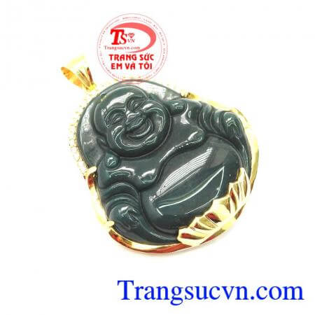 Mặt Phật Di Lặc An Lành làm bằng ngọc Canxedon thiên nhiên bọc vàng tinh xảo