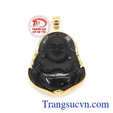 Mặt Phật Bọc Vàng 14k Tài Lộc đá Obsidian thiên nhiên cao cấp, mặt dây chuyền nam