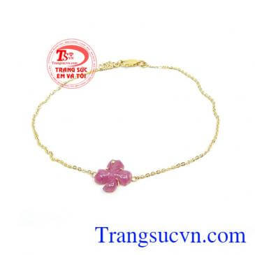 Lắc Chân Cỏ Bình An vàng 10k gắn ngọc Ruby thiên nhiên cao cấp, lắc chân nữ vàng,