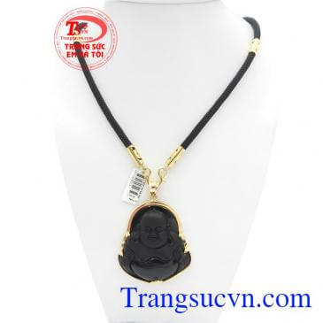 Bộ dây kết hợp giữa dây da bọc vàng và mặt Di lặc ngọc Obsidian thiên nhiên