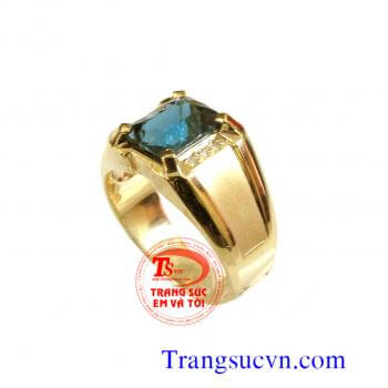 Nhẫn nam đá màu xanh topaz vàng 14k