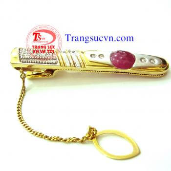 Kẹp Caravat vàng tây gắn ruby thiên nhiên