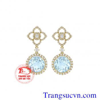 Đá topaz xanh tròn hoa tai 