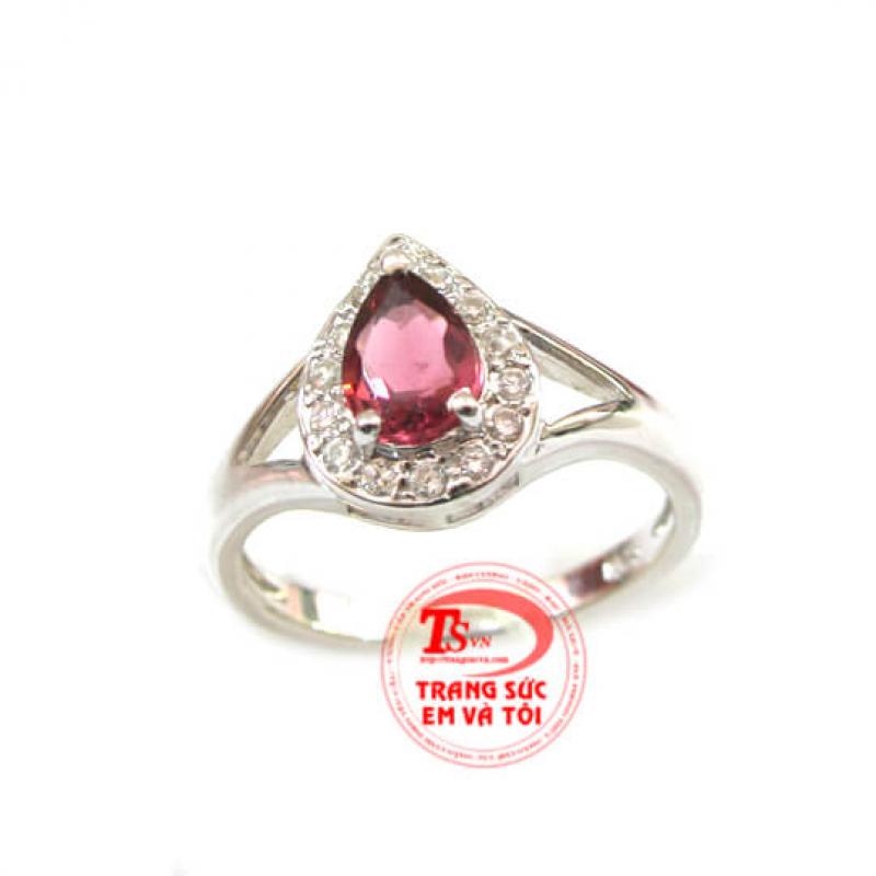 Nhẫn nữ xi vàng trắng đá turmalin hồng thiên nhiên