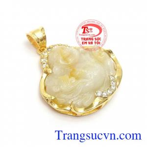 Mặt dây Di Lặc Sapphire thiên nhiên bọc vàng 14k bền đẹp, sang trọng