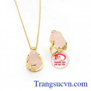 Bộ trang sức vàng 10k gắn Thạch anh hồng thiên nhiên sang trọng