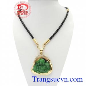 Bộ dây chuyền kết hợp giữa dây da bọc vàng và mặt phật Di Lặc cẩm thạch thiên nhiên cao cấp