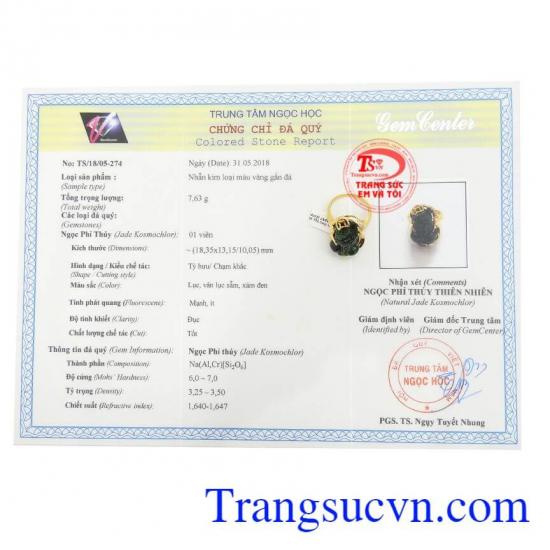 Giấy kiểm định Nhẫn tỳ hưu nữ 14k đeo may mắn