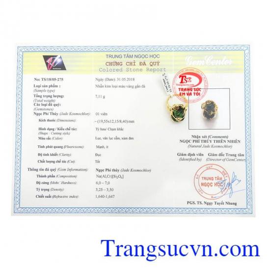 Giấy kiểm định Nhẫn vàng nữ Tỳ Hưu