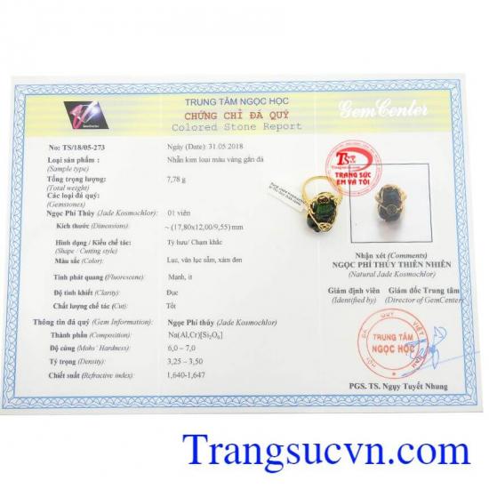 Giấy kiểm định Nhẫn Nữ Tỳ Hưu Tài Lộc Bình An