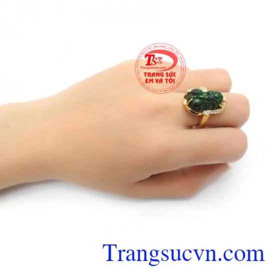 Nhẫn Tỳ Hưu Ngậm Tiền Bình Yên, nhẫn vàng 14k gắn Tỳ hưu phỉ thúy phong thủy