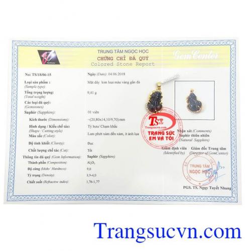 Giấy kiểm định Mặt Dây Tỳ Hưu Sapphire Thịnh Vượng
