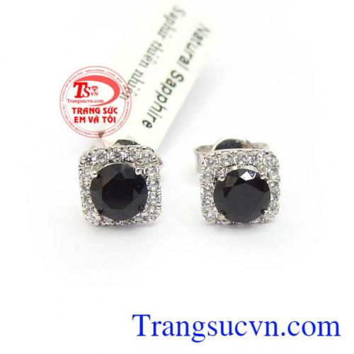 Hoa tai vàng trắng gắn Sapphire thiên nhiên