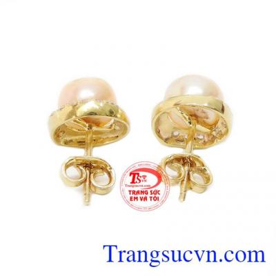 Hoa tai ngọc trai hồng vàng 14k
