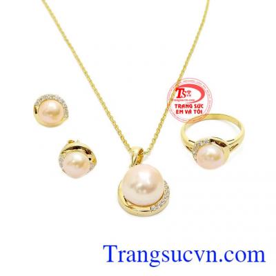 Bộ nữ trang ngọc trai hồng vàng 14k