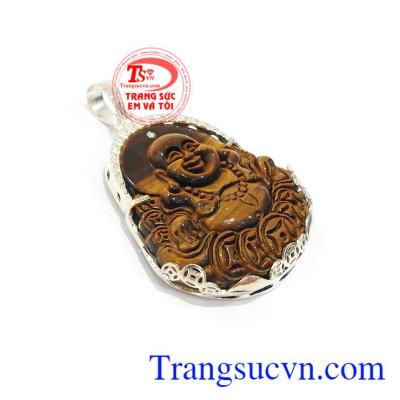 Mặt Di Lặc Mắt Hổ Bình An chế tác bằng đá mắt hổ thiên nhiên bọc bạc bền đẹp, chất lượng