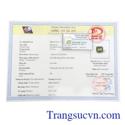 Giấy kiểm định Viên Peridot Thiên Nhiên Hưng Thịnh