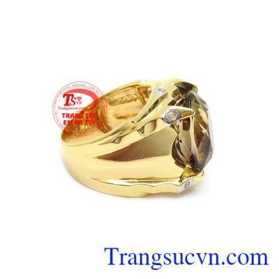 Nhẫn Nam Thạch Anh Khói Cao Cấp vàng 14k gắn thạch anh khói thiên nhiên