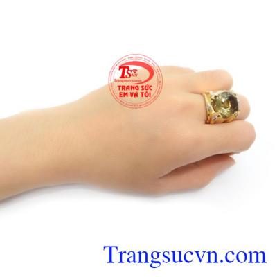 Nhẫn nam vàng 14 gắn thạch anh khói thiên nhiên cao cấp