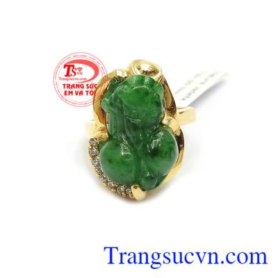 Nhẫn Tỳ Hưu Ngậm Tiền Tài Lộc vàng 14k gắn Tỳ hưu ngọc phỉ thúy thiên nhiên