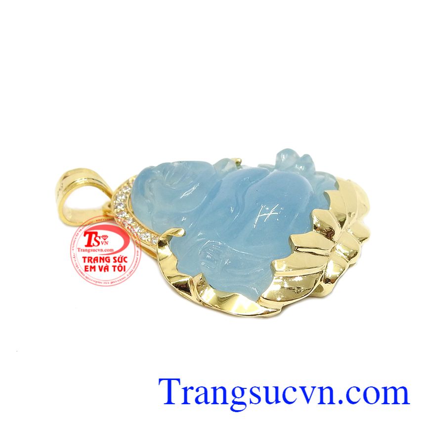 Mặt dây di lặc aquamarine được chế tác từ vàng tây 14k và đá aquamarine thiên nhiên.