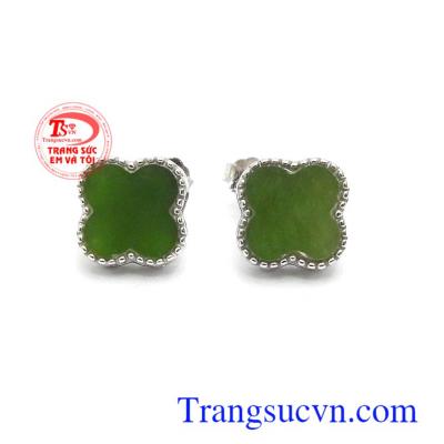 Hoa tai cỏ bốn lá may mắn ngọc Nephrite thiên nhiên màu sắc tươi sáng, mẫu mã độc đáo, hoa tai bạc gắn Nephrite