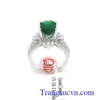 Nhẫn nữ vàng trắng Emerald bình an 14k bền đẹp, chất lượng, kiểu dáng mới lạ, độc đáo