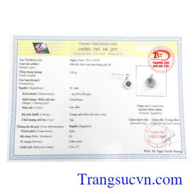 Giấy kiểm định. Mặt dây chuyền Sapphire cát lộc