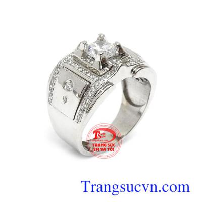 Nhẫn nam vàng trắng Korea sang trọng 10k đính đá độc đáo, sắc nét