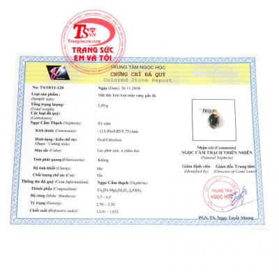 Giấy kiểm định từ trung tâm ngọc học. Mặt dây chuyền nephrite tinh tế