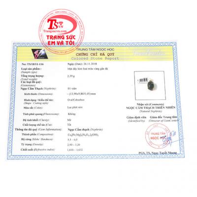 Giấy kiểm định từ trung tâm ngọc học. Mặt dây nephrite may mắn