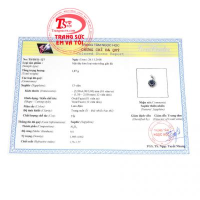 Giấy kiểm định từ trung tâm ngọc học. Mặt dây sapphire sang trọng