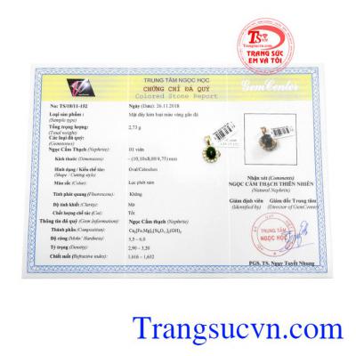 Sản phẩm có giấy kiểm định đá quý. Mặt dây nepherite kiêu sa