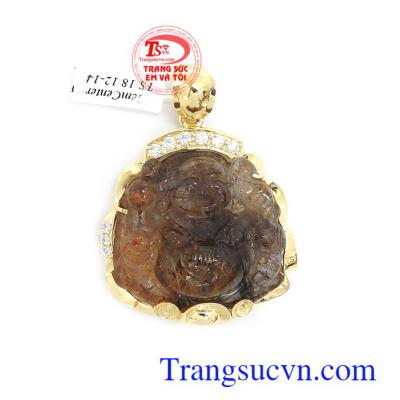 Mặt phật Di Lặc tài lộc hanh thông chạm khắc tinh xảo bằng đá thạch anh tóc bọc vàng 14k sang trọng, tinh xảo