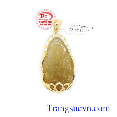 Mặt phật bà thạch anh tóc an lành chạm khắc tinh xảo sắc nét, chất lượng đá cao cấp bọc vàng 14k