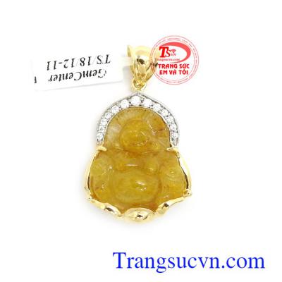 Mặt Di Lặc thạch anh tóc chiêu tài bọc vàng 14k bền đẹp, chất lượng, chạm khắc thời trang, sang trọng và đẳng cấp