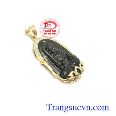Mặt phật bản mệnh Nephrite tuổi Dậu chạm khắc tinh xảo bọc vàng 14k bền đẹp, chất lượng