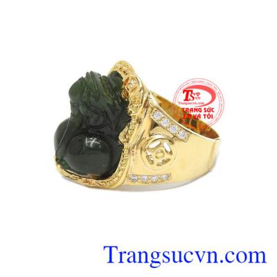 Nhẫn nam tỳ hưu vàng màu tinh tế gắn tỳ hưu đá thiên nhiên, mang lại may mắn, chiêu tài lộc, phú quý