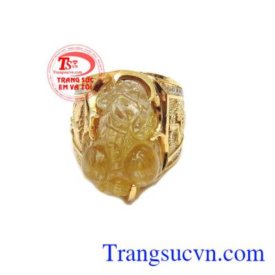 Nhẫn nam tỳ hưu vàng màu tinh tế gắn tỳ hưu đá thiên nhiên, mang lại may mắn, chiêu tài lộc, phú quý
