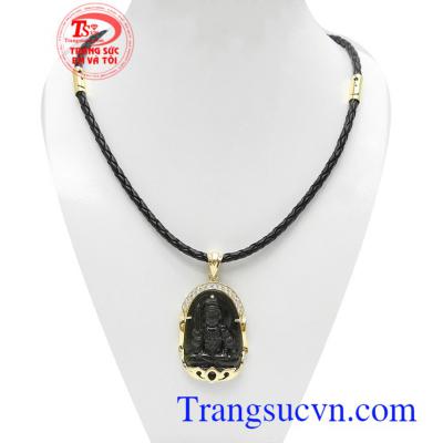 Bộ dây phật bản mệnh tuổi Dậu bền đẹp, chất lượng, kết hợp giữa dây da bọc vàng và mặt dây Nephrite thiên nhiên cao cấp