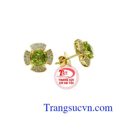 Hoa tai vàng tây bọc đá quý peridot, thiết kế tinh tế sang trọng