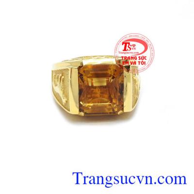Nhẫn nam vàng màu tinh tế gắn đá thạch anh vàng thiên nhiên, mang lại may mắn, chiêu tài lộc, phú quý