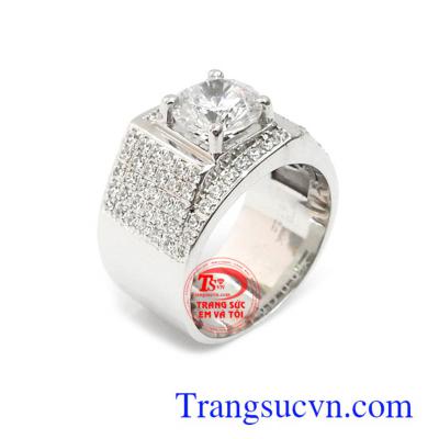 Nhẫn nam vàng trắng 14k sang trọng chế tác tinh xảo, gắn đá CZ thời trang