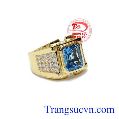 Nhẫn vàng gắn đá chủ Topaz thiên nhiên, Nhẫn nam vàng đảm bảo chất lượng Uy tín, Đeo hợp phong thủy